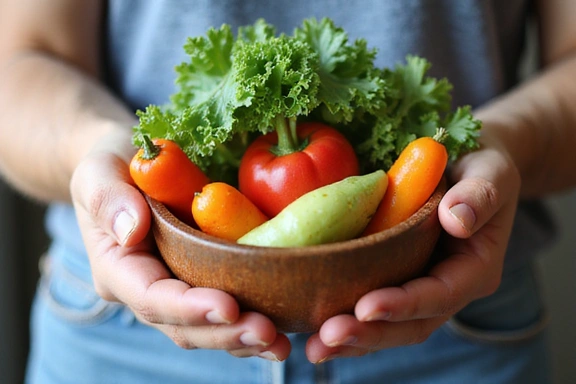 Eine Hand, die frisches Gemüse in einer Schale hält, symbolisiert gesunde Ernährung und Vitalität.